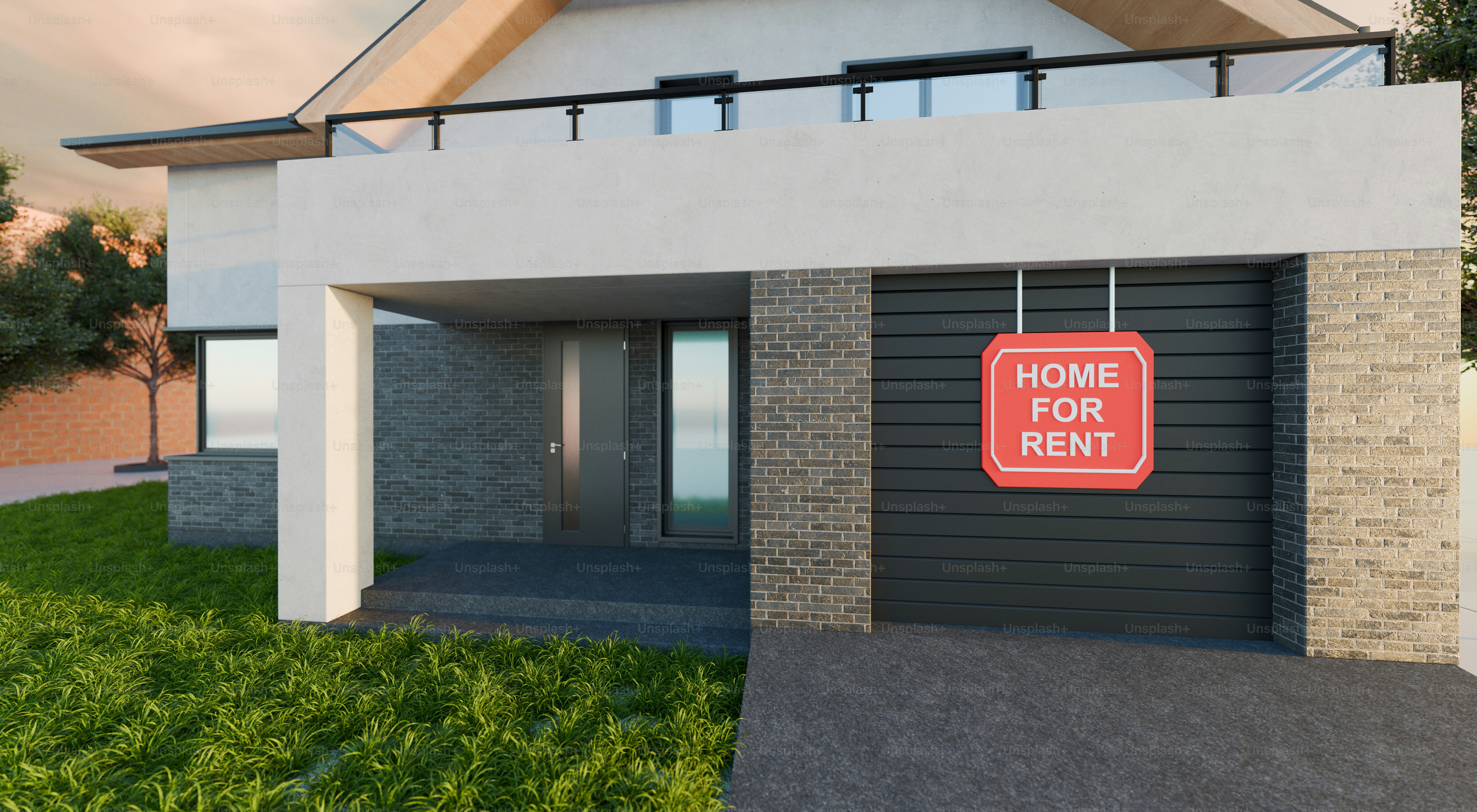 Modern house with garage door for rent sign